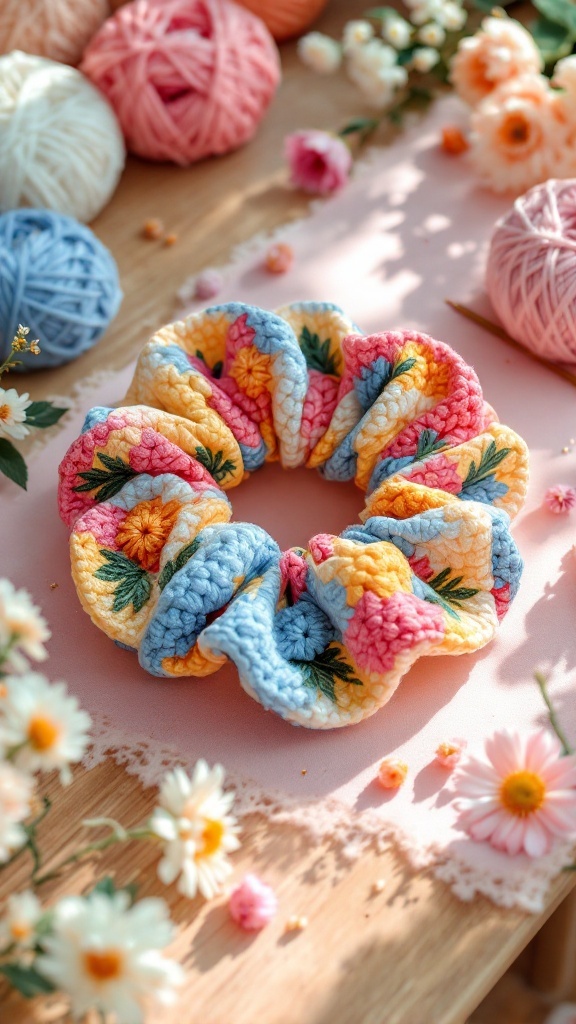 Colorful floral crochet scrunchie surrounded by pastel yarn and flowers