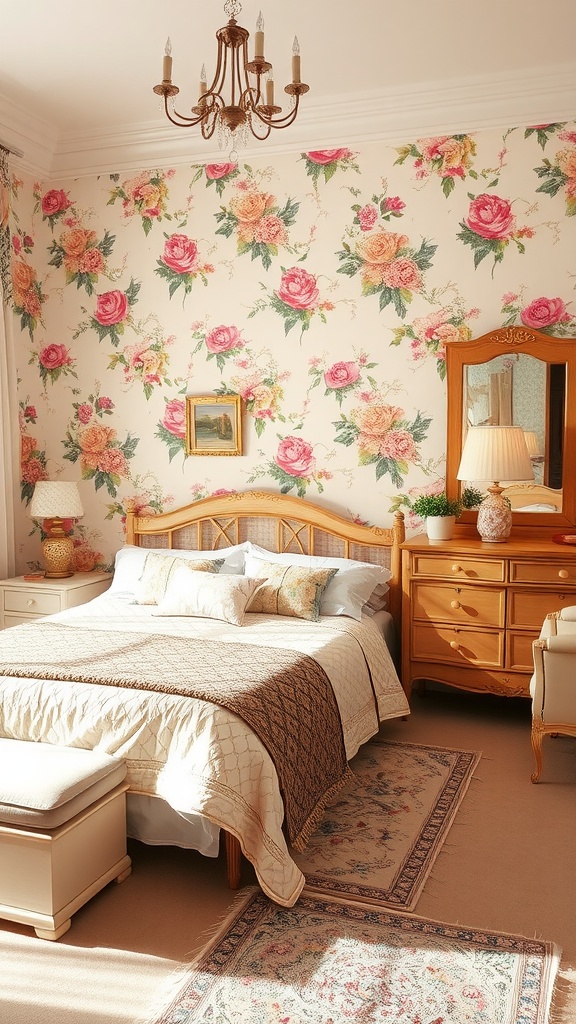 A vintage bedroom featuring charming floral wallpaper with pink and peach roses, wooden furniture, and a cozy bed.