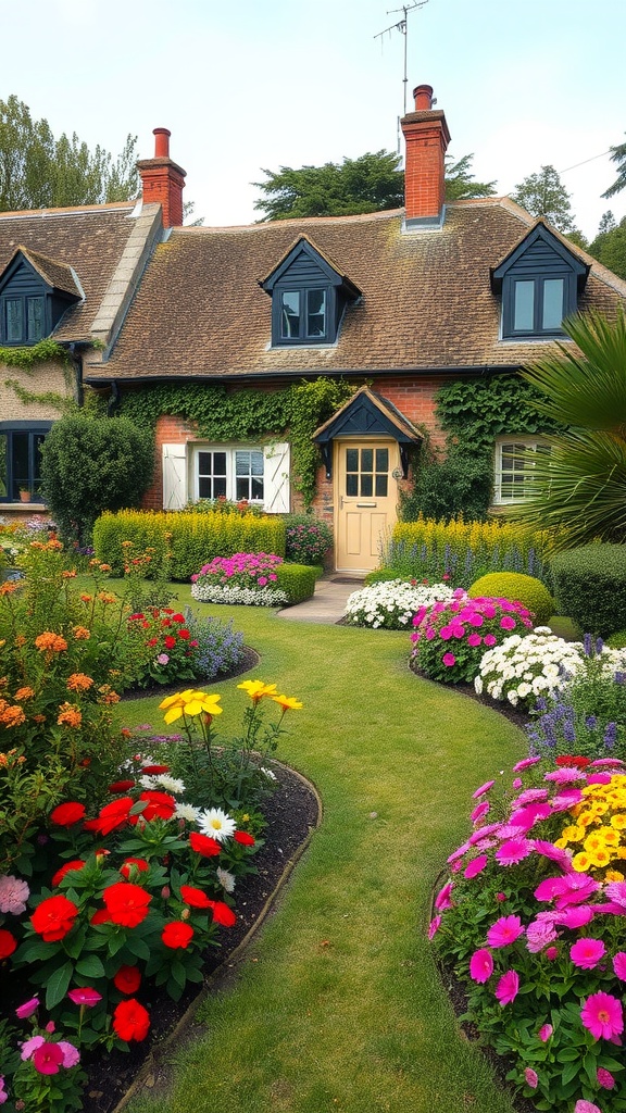 Colorful flower borders leading to a charming English country cottage.