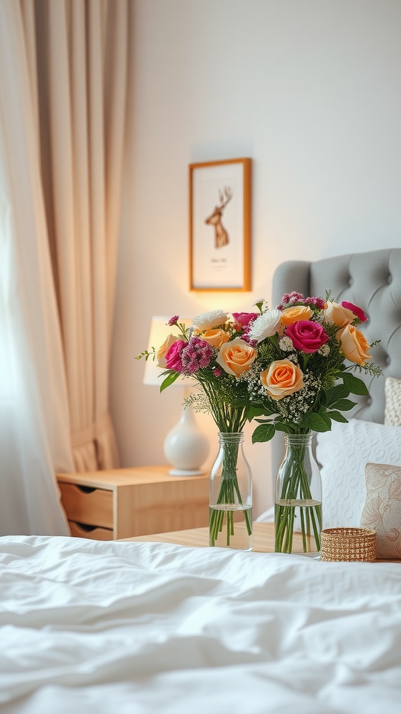 Two flower bouquets in glass vases on a bedside table in a cozy bedroom