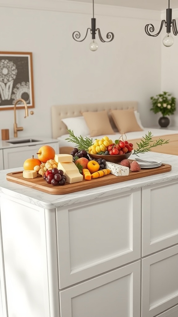 A beautifully arranged fruit and cheese board on a kitchen island, featuring various cheeses, fresh fruits, and garnishes.