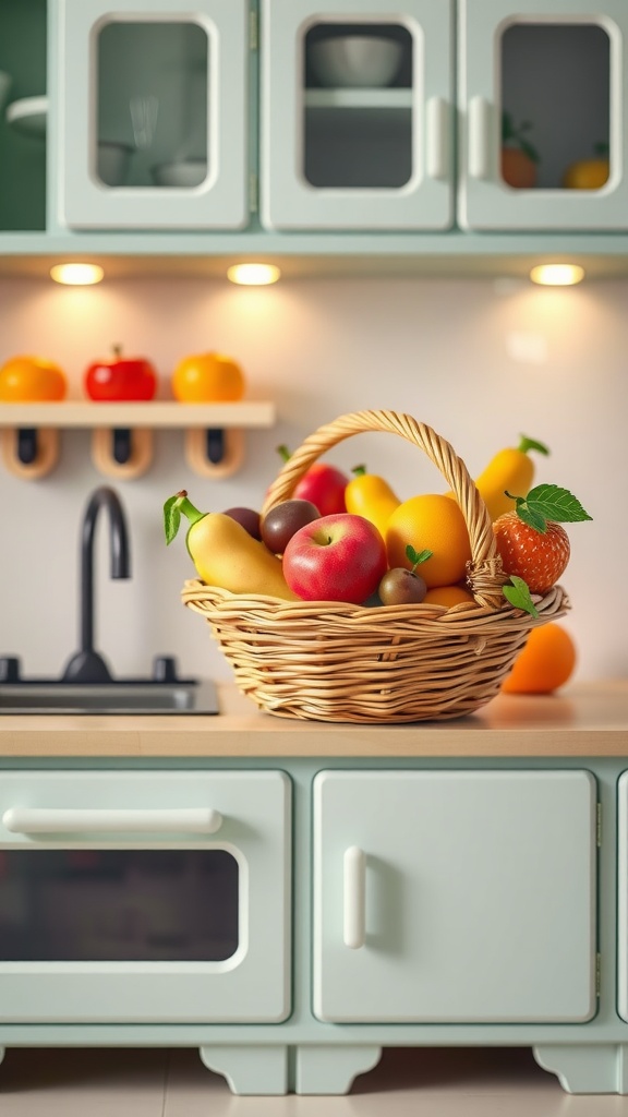 A charming woven basket filled with colorful fruits on a kitchen countertop.