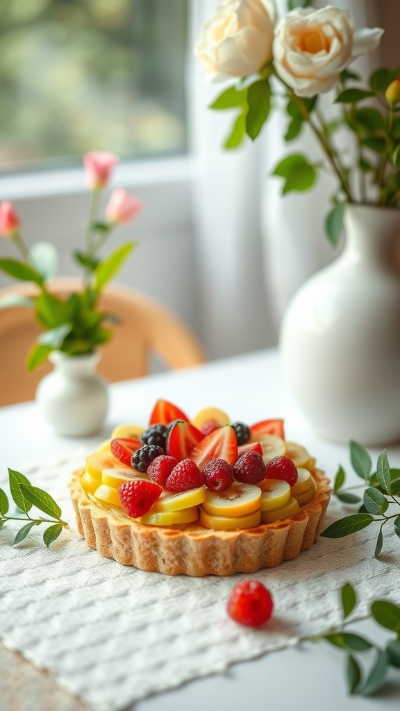 A beautifully arranged fruit tart with strawberries, bananas, blackberries, and raspberries on a table with flowers.