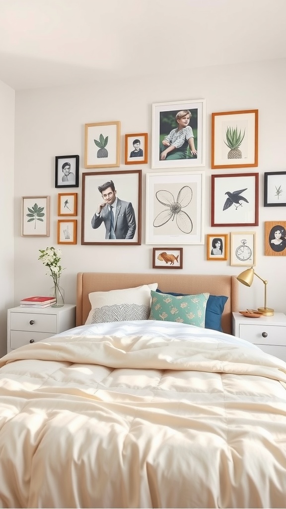 A cozy teen bedroom featuring a stylish gallery wall with a mix of framed portraits and botanical prints.