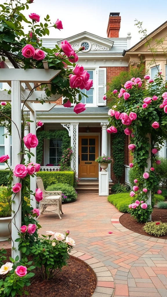 A Victorian front garden with pink roses climbing on white trellises, leading to a welcoming entrance.