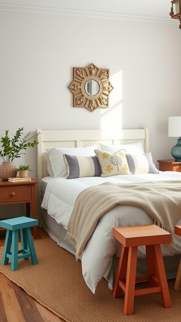 Colorful garden stools in a cozy bedroom setting