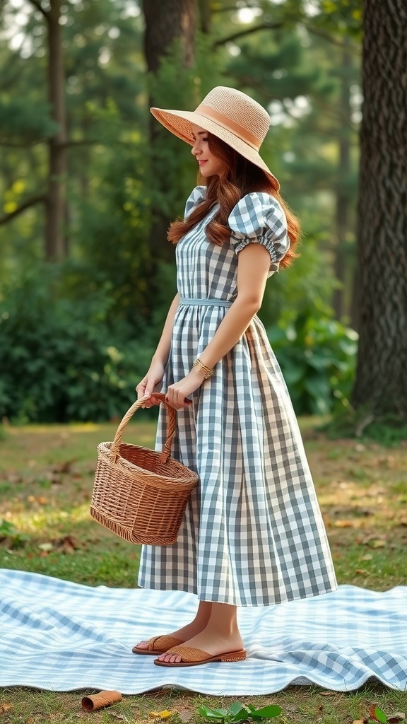 Woman wearing a gingham dress and a straw hat, holding a basket bag in a garden setting.