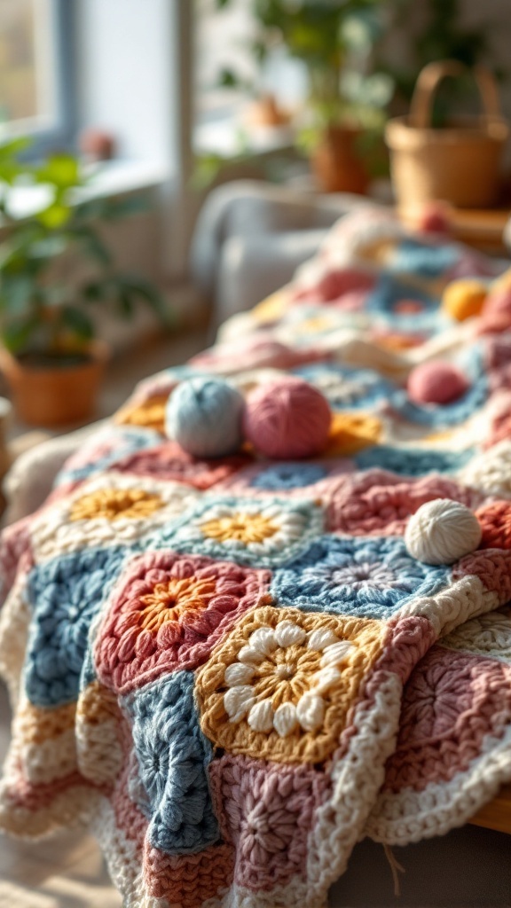 A colorful granny square blanket draped over a couch with yarn balls beside it