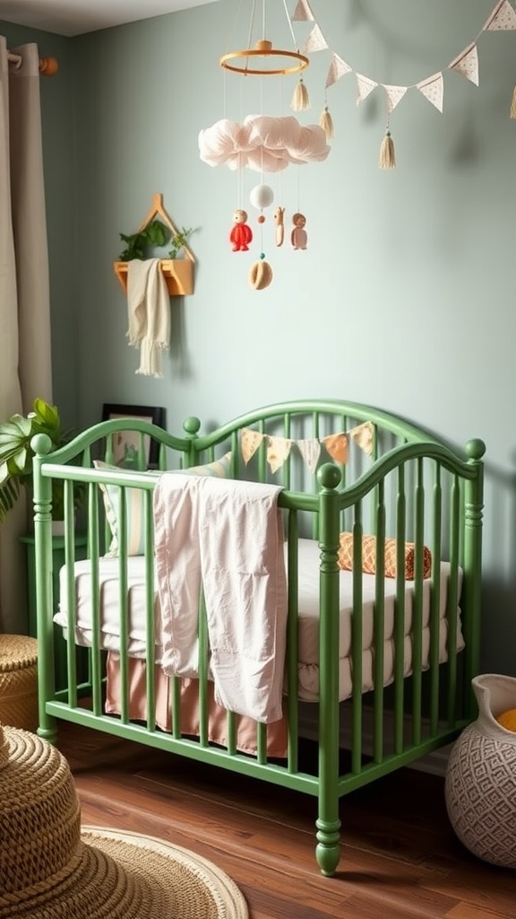 A green crib with pink linens in a nursery, featuring a mobile and cozy decorations.