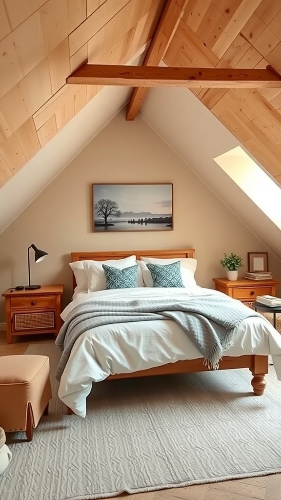 Cozy attic guest bedroom with wooden beams, soft bedding, and decorative pillows.