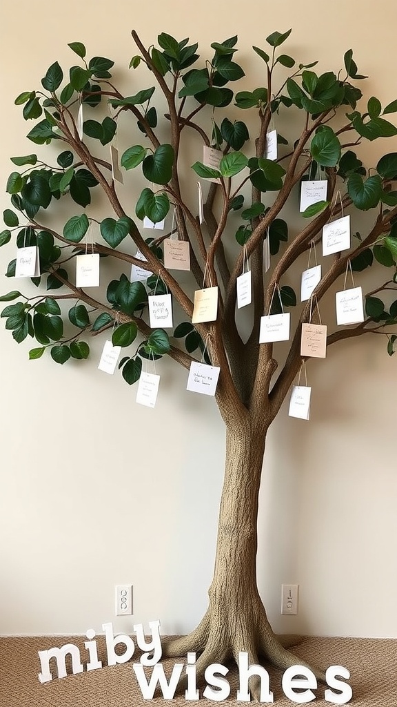 A wish tree with cards hanging from branches for guests to write wishes at a baby shower.