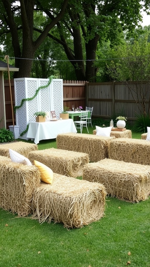 Hay bale seating arrangements with colorful pillows at a baby shower