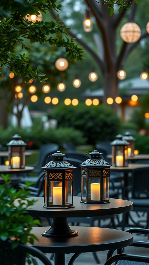 Beautifully lit lanterns on tables at a garden party, surrounded by greenery and fairy lights.