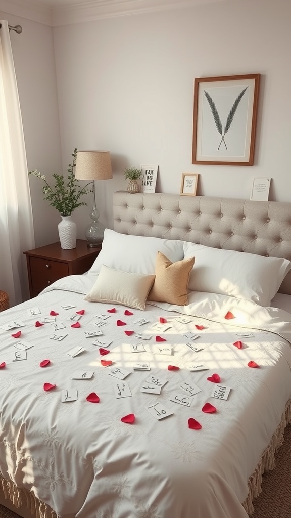 A cozy bedroom with love notes and rose petals scattered on the bed.