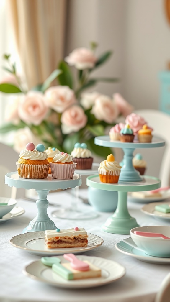 Miniature cake stands with cupcakes and desserts on a table