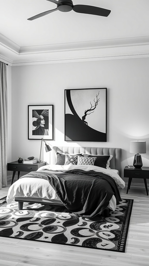 A monochrome bedroom featuring black and white artworks, a cozy bed, and stylish decor.