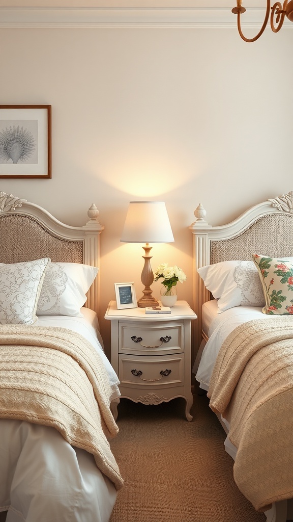 A cozy French country bedroom with two beds, soft beige bedding, and charming nightstands.