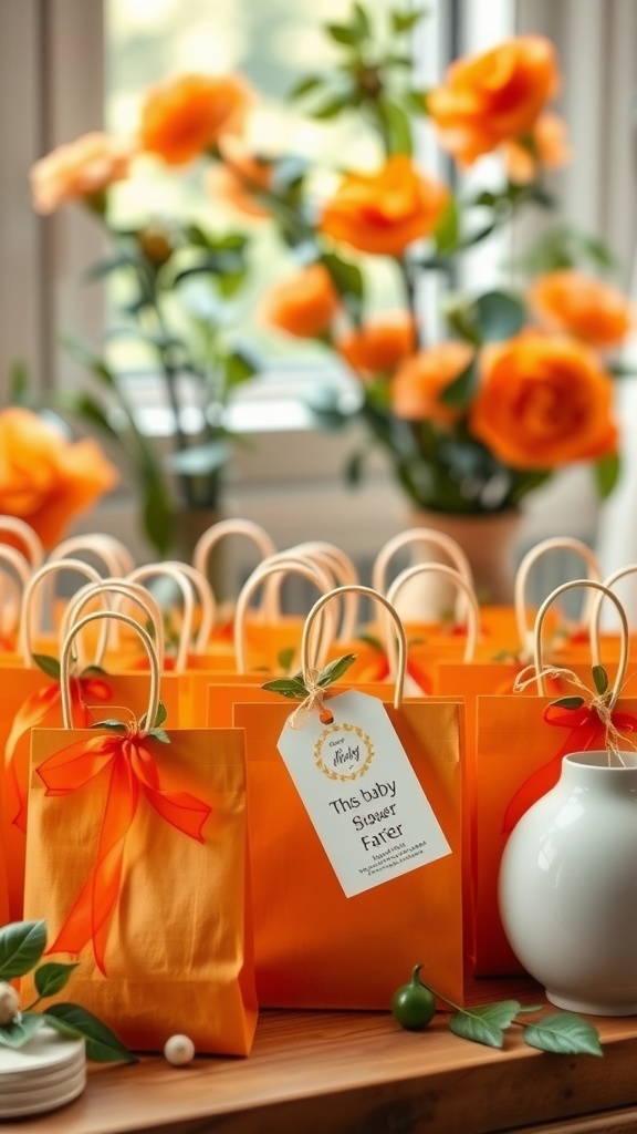 A table with charming orange gift bags tied with ribbons, surrounded by orange roses.
