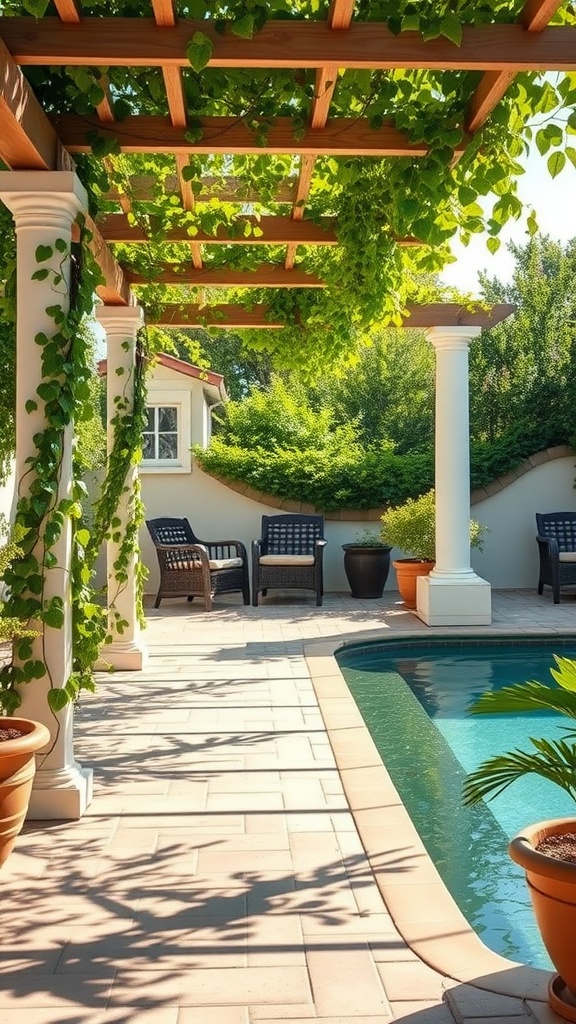A charming pergola adorned with vines and comfortable seating beside a sparkling pool.