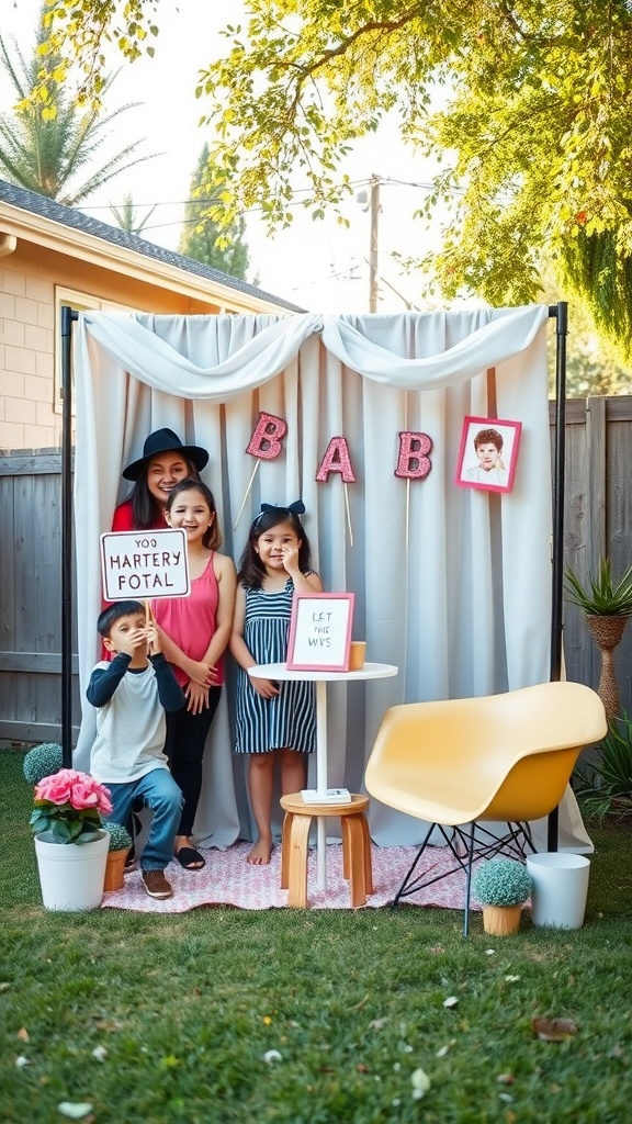 Charming photo booth setup for a backyard baby shower with children and props.