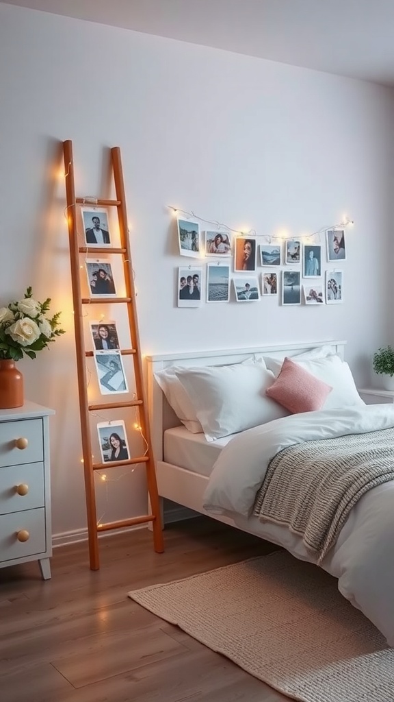 A wooden ladder displaying photos with fairy lights in a cozy bedroom.