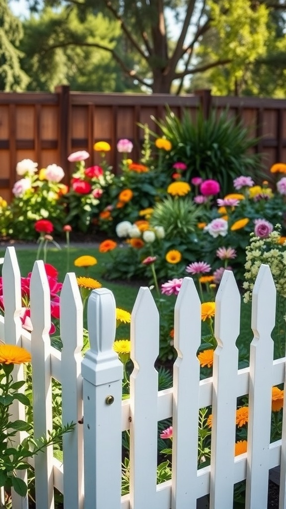 Charming white picket fence surrounded by colorful flowers in a backyard garden.
