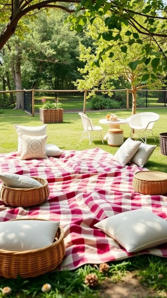 Cozy outdoor picnic seating with a checkered blanket, cushions, and woven baskets in a sunny garden