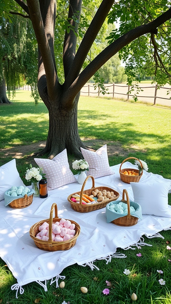 Picnic setup under a tree with pillows, baskets of treats, and flowers