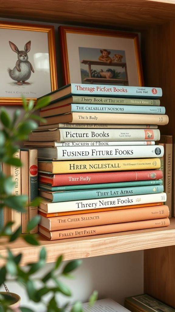 A collection of vintage picture books neatly stacked on a wooden shelf, surrounded by framed illustrations of a rabbit and children.