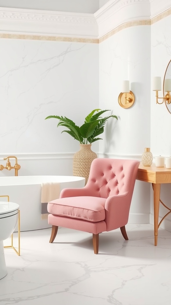 A luxurious bathroom featuring a pink accent chair, marble walls, and elegant fixtures.