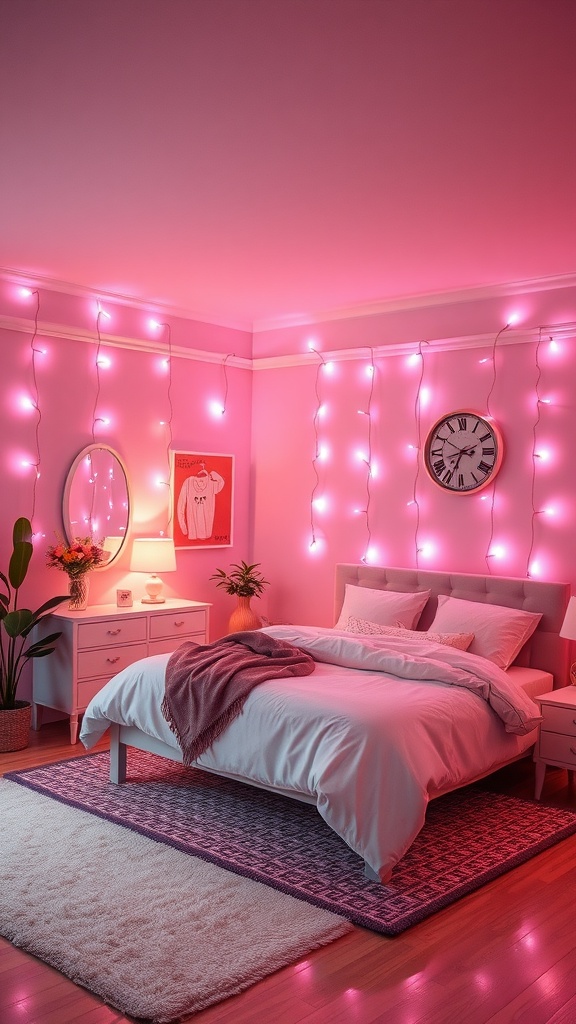 A cozy pink bedroom featuring fairy lights on the walls, a neatly made bed, and a stylish decor.