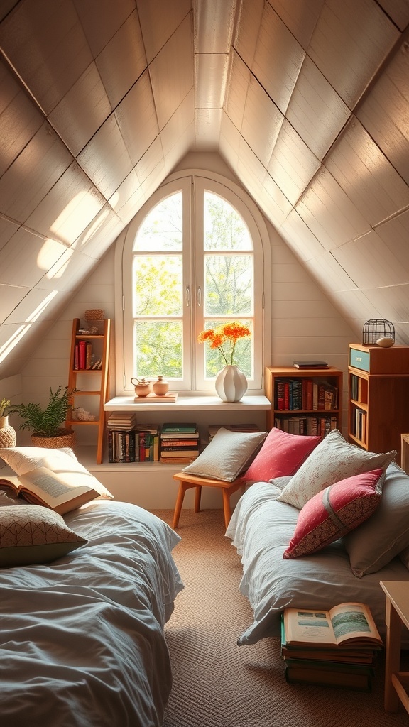 Cozy attic bedroom with a reading nook by the window, featuring soft cushions and bookshelves.
