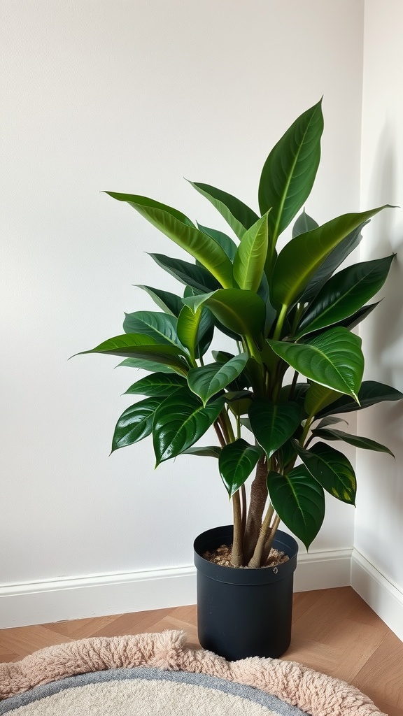 A healthy rubber plant in a black pot, with glossy green leaves, placed in a bright indoor setting.