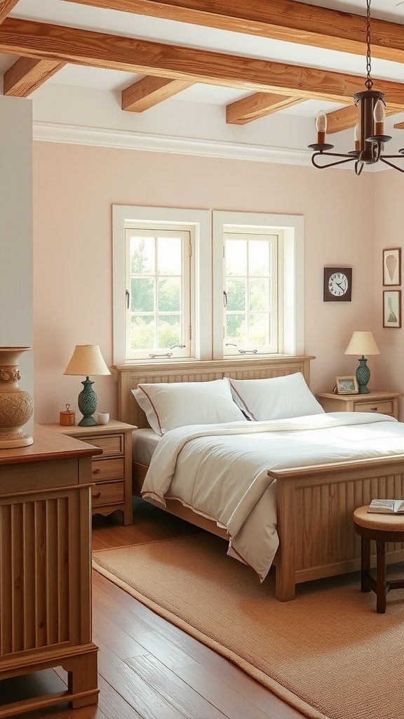 A cozy French country bedroom featuring soft peach walls, wooden furniture, and a warm atmosphere
