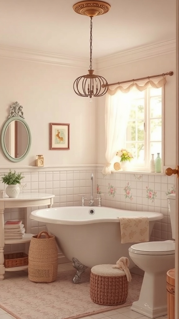 A charming shabby chic bathroom featuring a freestanding bathtub, floral accents, and vintage decor.
