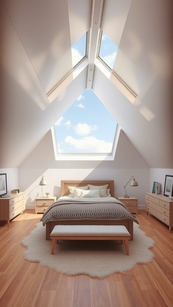 A cozy attic bedroom with angled ceilings and skylights, featuring wooden furniture and a warm color palette.