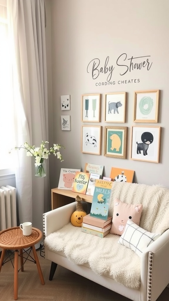 A cozy corner for a baby shower featuring a plush sofa, framed animal art, and a stacked selection of children's books.