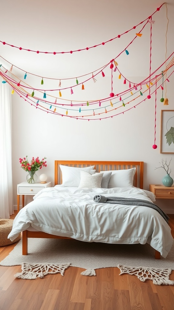 Colorful string garlands with pom-poms and tassels hanging above a neatly made bed in a cozy bedroom.