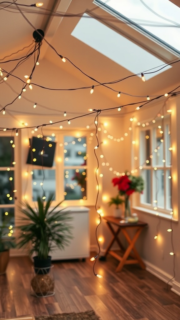 A cozy room decorated with string lights illuminating the space, featuring plants and a wooden table.