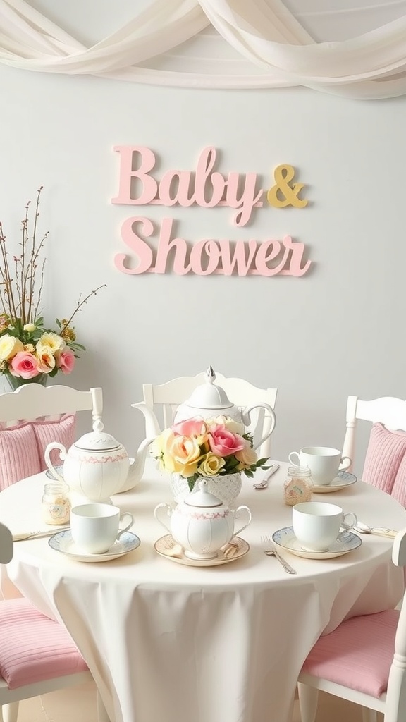 A charming tea party setup with a white tablecloth, teapot, and floral centerpiece.
