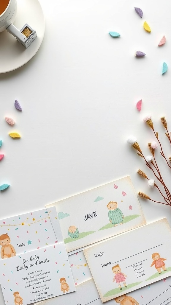 A beautifully arranged set of charming themed invitations for a baby sprinkle, featuring whimsical baby illustrations and colorful confetti.