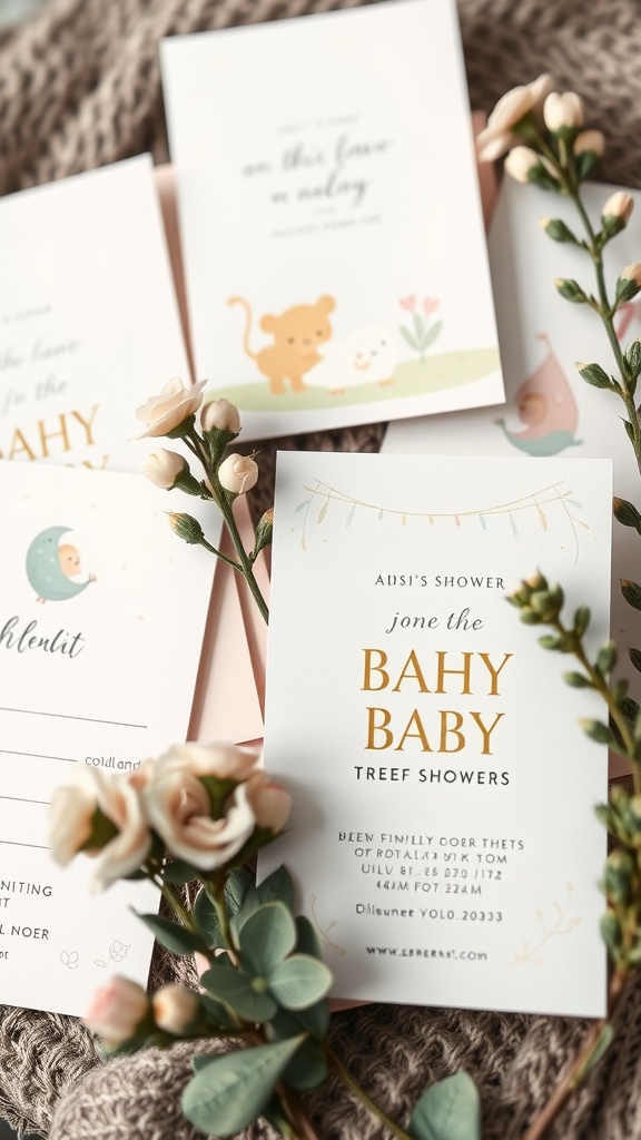 A collection of charming themed baby shower invitations with playful designs and soft floral accents.