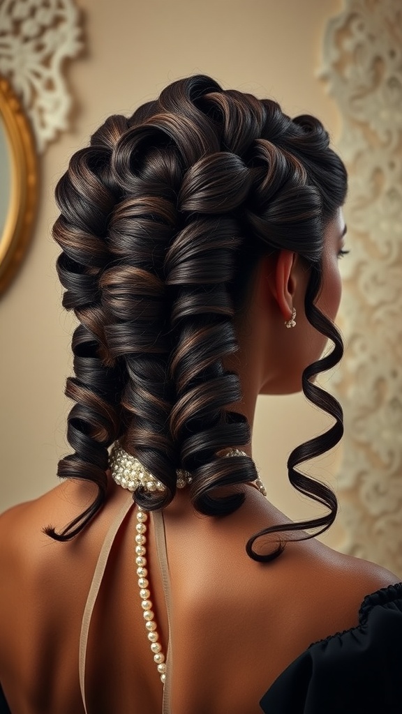 A woman with elegantly styled Victorian ringlets, showcasing intricate curls and dark hair, adorned with pearl accessories, set against a vintage background.