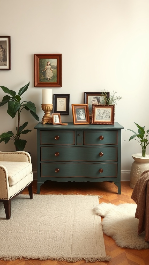 A vintage-inspired room with a teal dresser, framed pictures, a cozy armchair, and a houseplant.