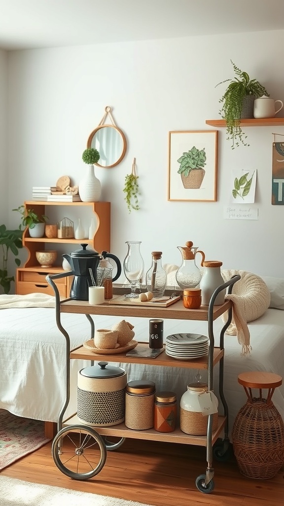 A vintage coffee cart with wooden shelves, coffee-making essentials, and decorative jars, set in a cozy kitchen space.