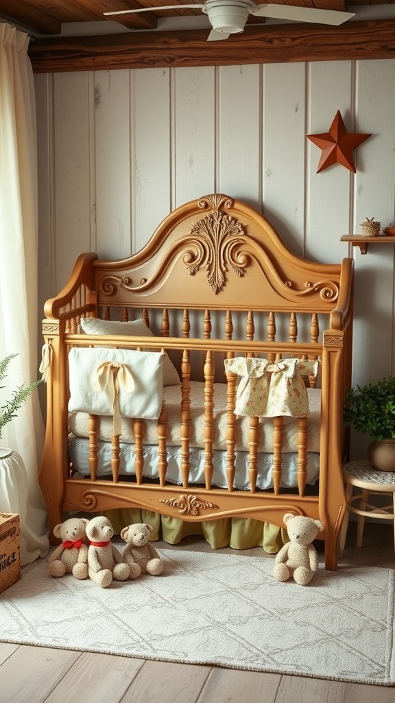 A vintage crib with intricate design, soft linens, and plush teddy bears in a nursery setting.