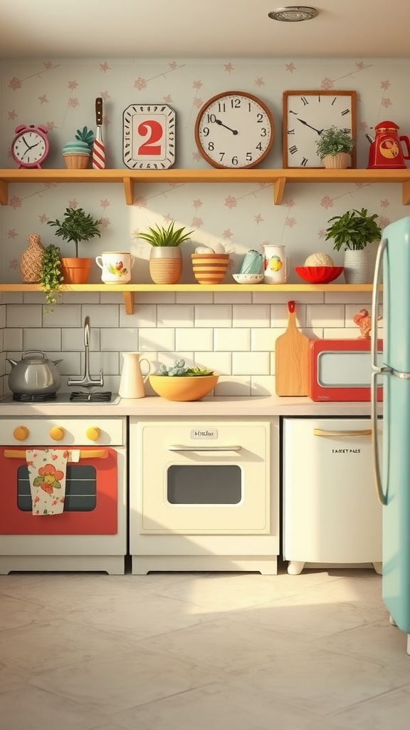A charming vintage kitchen with pastel colors, open shelves filled with plants and kitchenware, and retro appliances.