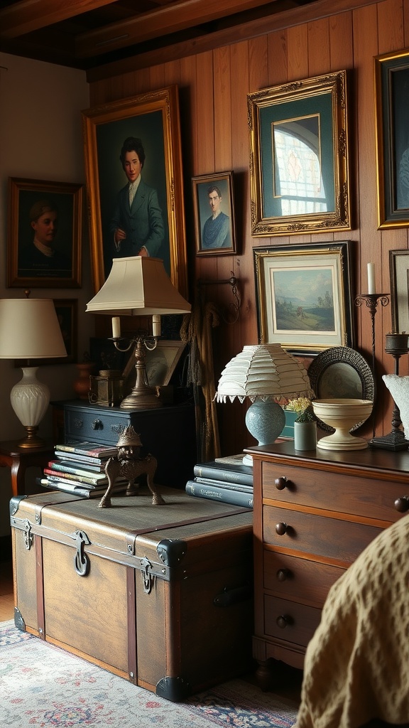 A cozy cottage bedroom corner with vintage decor, including framed portraits, a wooden trunk, and a lamp.