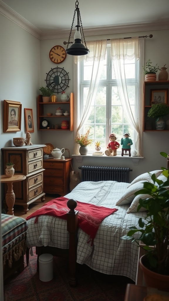 A cozy kids bedroom with vintage decor, featuring wooden furniture, playful collectibles, and bright natural light.