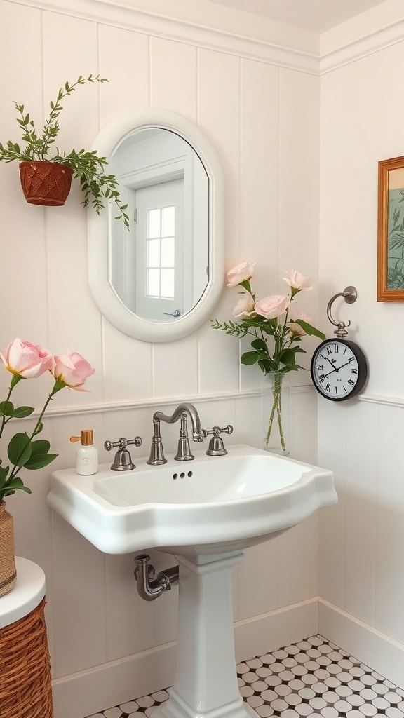 A charming cottage bathroom featuring a vintage pedestal sink, a round mirror, fresh flowers, and a wall clock.